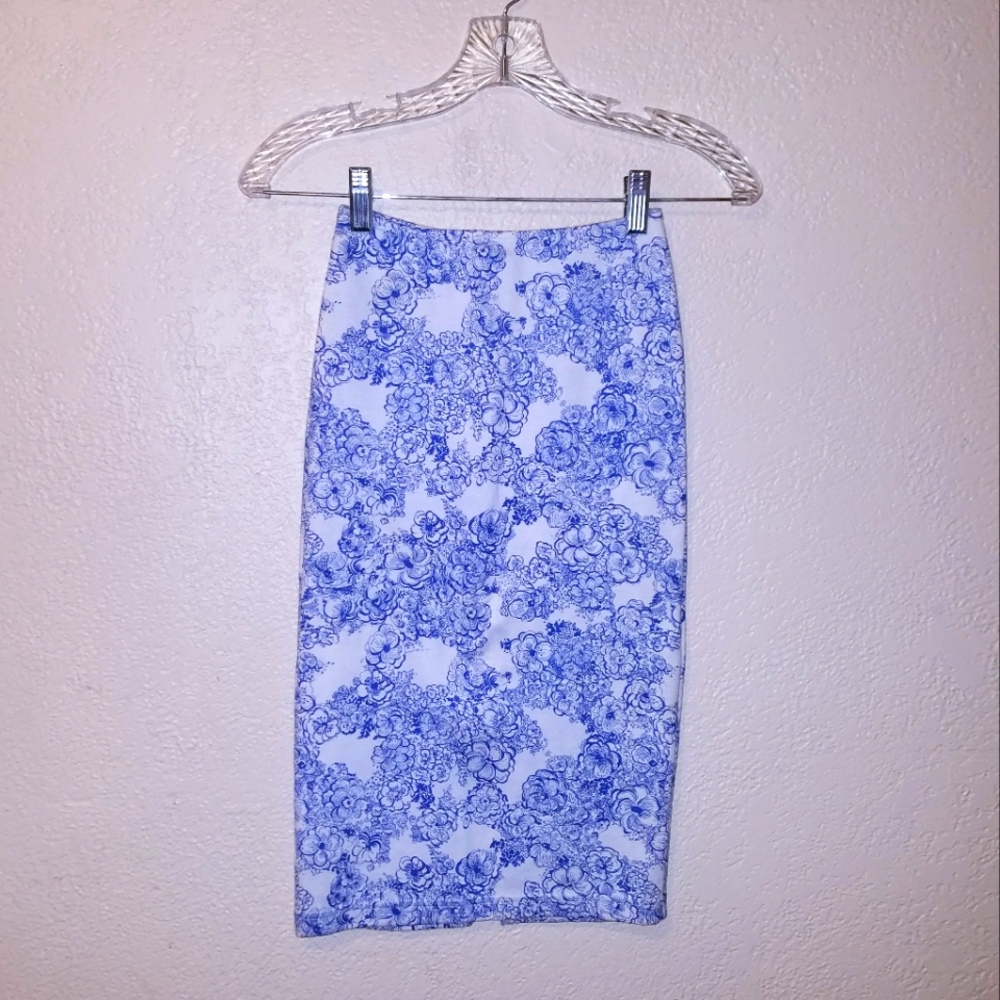 American Apparel Blue White Oriental Asian Midi Pencil Skirt Size Small